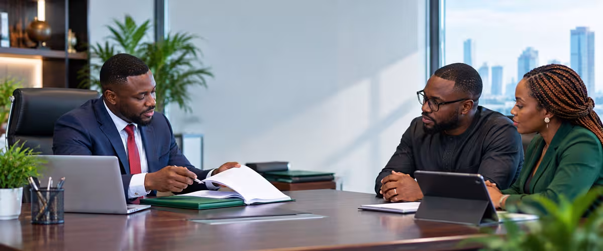 A professional Nigerian corporate-registration and business-compliance consultation in a modern, sophisticated Lagos office.