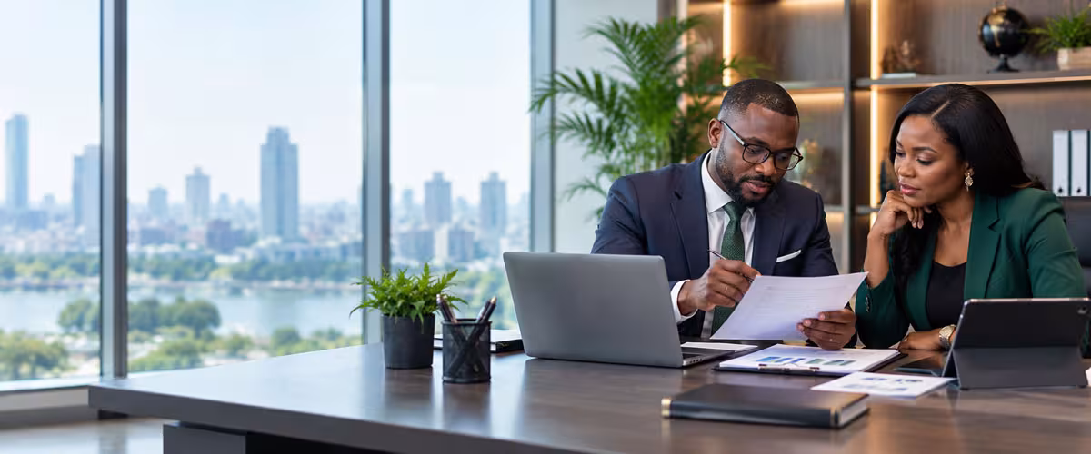 Authentic Nigerian financial/tax professionals reviewing a client's financial position and discussing tax planning strategies in a sophisticated modern Nigerian corporate office.